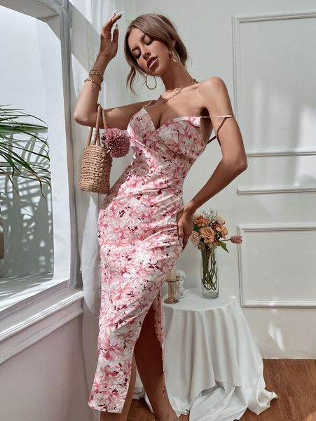 

allover floral print split thigh cami dress g8q2#, Black;gray