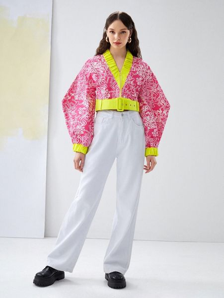 

x kovid kapoor graphic print drop shoulder contrast trim belted jacket e0z9#, Black;brown