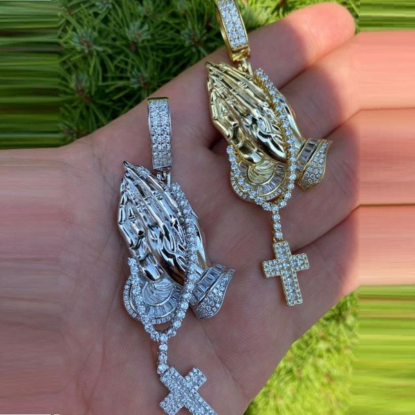 

choker gold color dangle cross charm praying hand pendant men necklace iced out cubic zirconia 5a cz hip hop jewelry, Golden;silver