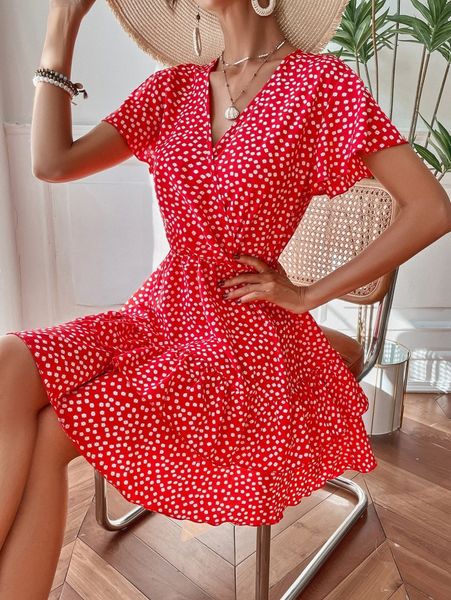 

ditsy floral flutter sleeve overlap collar ruffle hem dress 58gv#, Black;gray