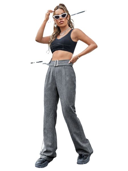 

high waist striped buckled detail flare leg pants k579#, Black;white