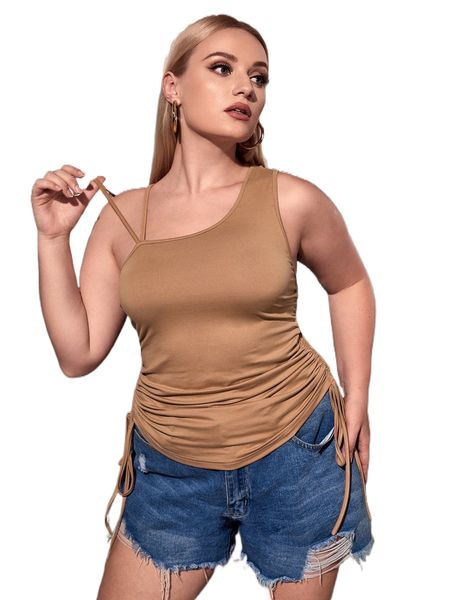 

plus drawstring side asymmetrical neck r6ft#, Black
