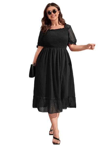

plus swiss dot shirred frill trim chiffon dress p6ep#, Black