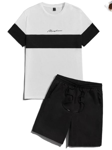 

men two tone letter graphic tee & track shorts 65ex#, Gray