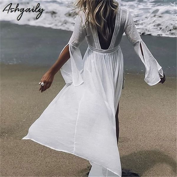 

ashgaily beach dress cover up tunics for beach long bikini cover up solid embroidery sarong beach swimsuit coverup t200324, White;black