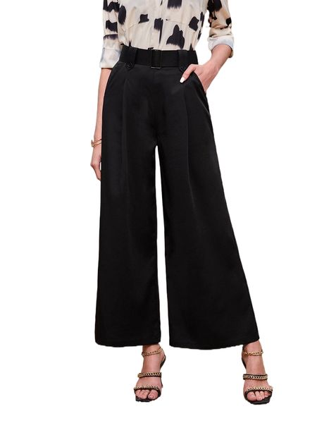 

solid slant pocket wide leg belted pants c04p#, Black;white