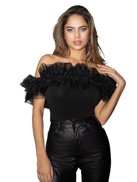 

exaggerate layered mesh ruffle trim bardot l034#, White