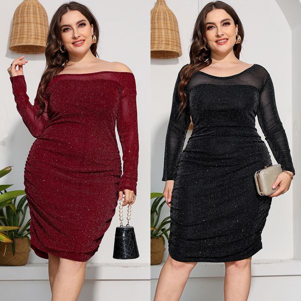 

round neck elegant high waist long sleeve dress large women's wear, Black;gray