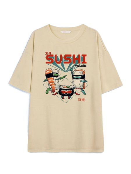 

romwe x vincenttrinidadart letter sushi graphic drop shoulder tee k1ob#, White
