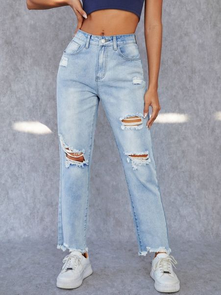 

high waist ripped raw hem mom fit jeans e7z7#, Blue