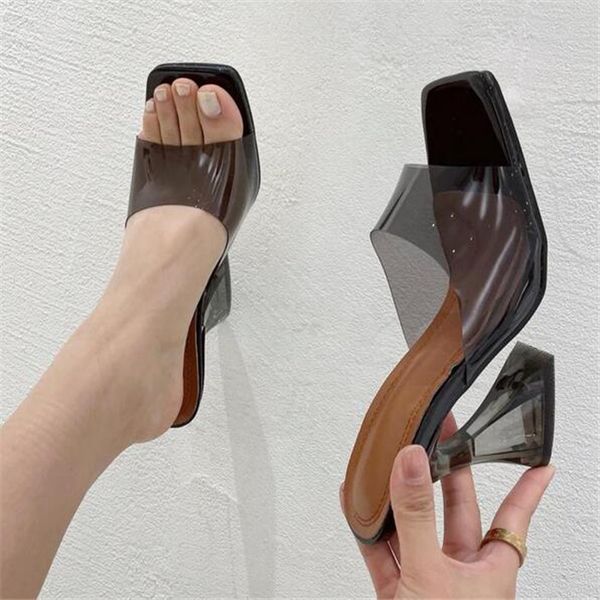 

women slippers sandals pumps fashion designer female transparent high heels square toe slides ladies summer shoes, Black