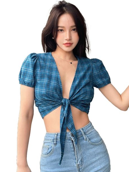 

dazy plaid puff sleeve tie front crop blouse l12j#, White