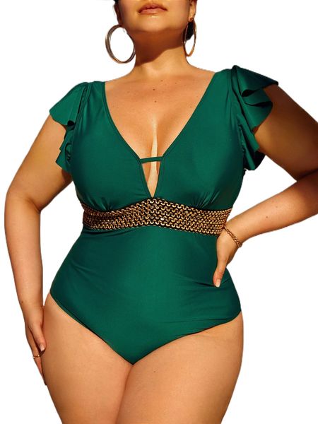 

plus flutter sleeve sequin detail plunge neck one piece swimsuit 71ss#, White;black