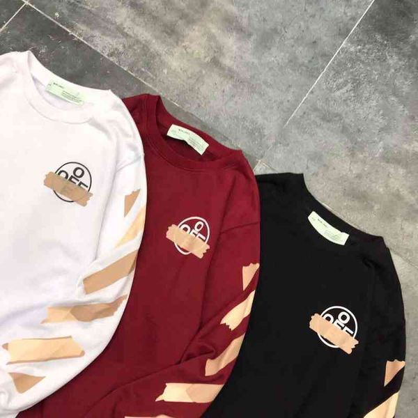 

2022 new fashion off tape printed men's and women's same round neck sweater, Black