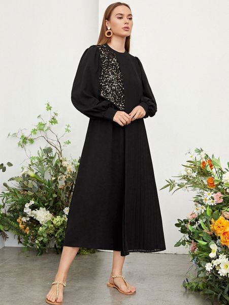 

lace insert pleated panel dress v3ci#, Black;gray