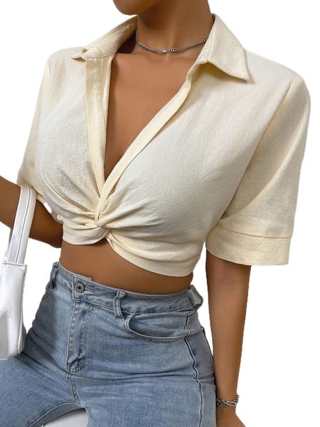 

twist front crop blouse v8m1#, White