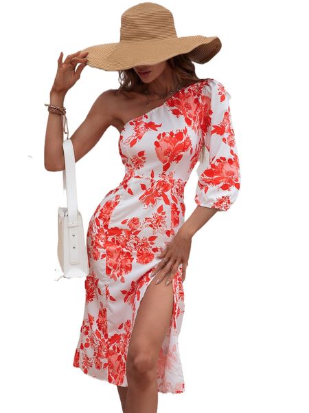 

floral print one shoulder dress d3rc#, Black;gray