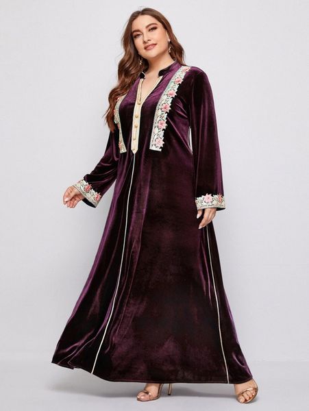 

plus floral embroidery appliques contrast piping velvet prom dress a7jt#, Black