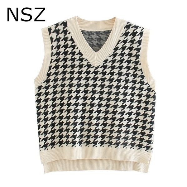 

nsz women preppy style oversized sleeveless houndstooth sweater vest asymmetry knit jacket coat plaid tank waistcoat y201128, Black;white