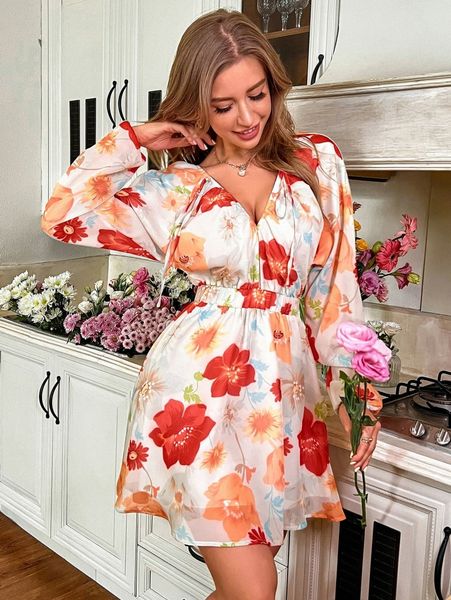 

floral print bishop sleeve a-line dress 79z0#, Black;gray