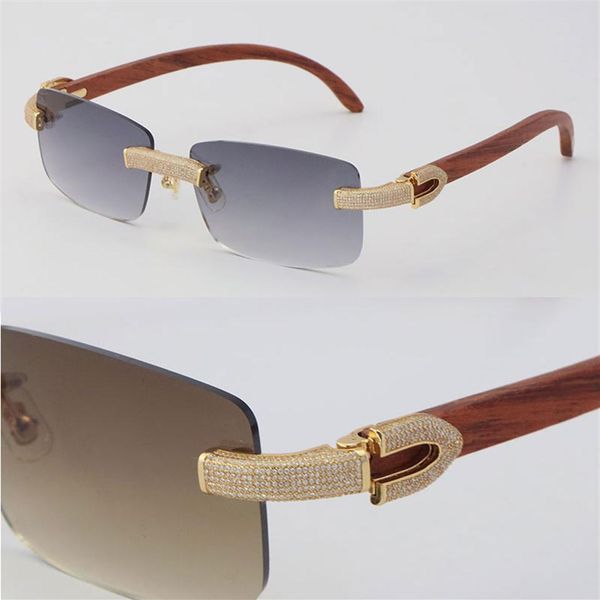 

new micro-paved diamond rimless wooden womans sunglasses original wood mens rocks frame male and female eyewear 18k gold c decorat200o, White;black