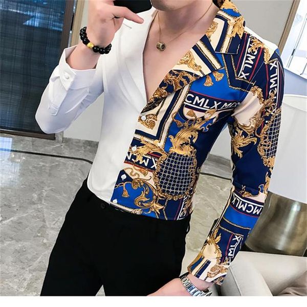

black gold shirt autumn baroque men long sleeve patchwork casual mens slim fit print party club nightclub chemise homme284d, White;black