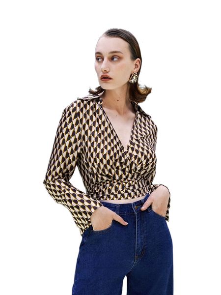 

allover graphic wrap tie back blouse c937#, White