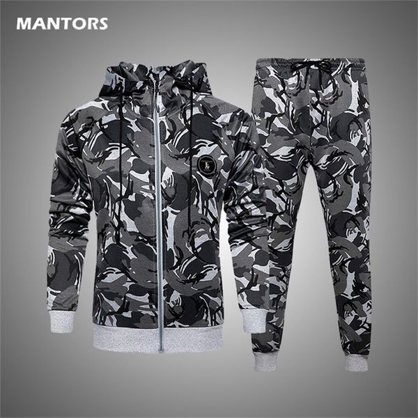 

autumn mens casual tracksuit camouflage hoodies pants suit brand winter men set military sportswear 2pcs male track suit 201128, Gray