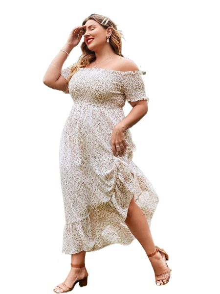 

plus ditsy floral off shoulder shirred asymmetrical ruffle hem dress b6z6#, Black