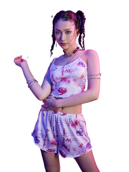 

romwe cyber luvr eye print lettuce trim pj set n9ia#, Black;red