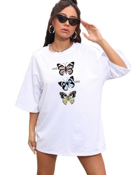 

butterfly print drop shoulder t-shirt x388#, White