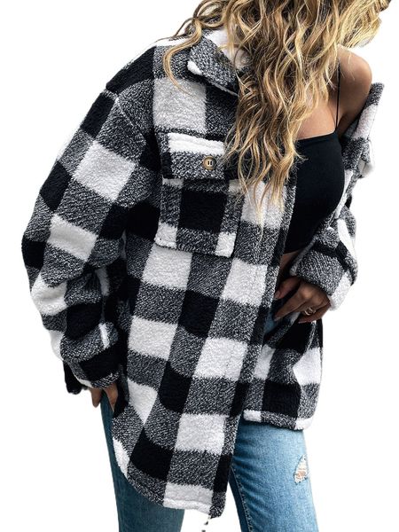 

gingham pattern drop shoulder teddy coat a9r2#, Black