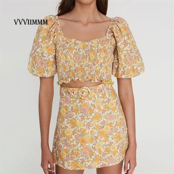 

holiday style printed puff sleeve belt skirt womens summer suit set of two fashion pieces for women skirts sets 220527, White