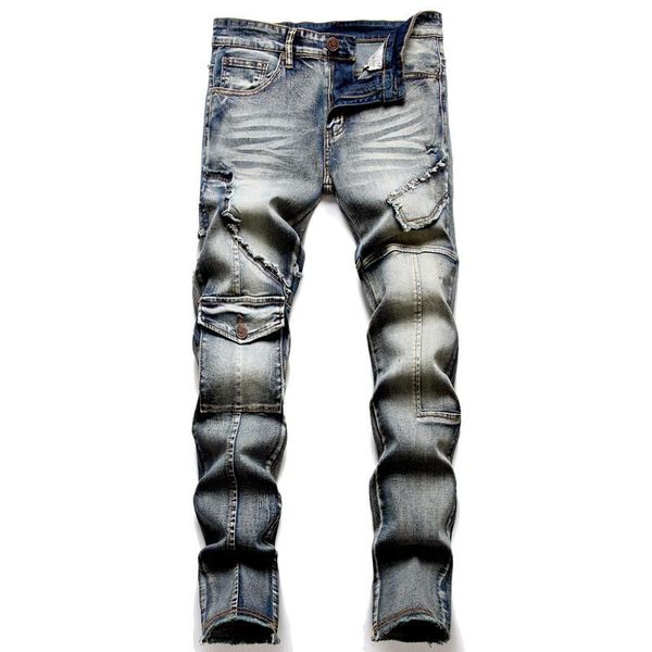 

men's jeans mens clothing trendy streetwear straight leg denim pants stretch trousers motorcycle fashion retro vintage biker malemen&#0, Blue