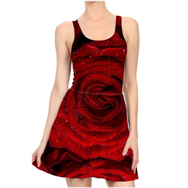 

est red rose flower ladies sleeveless dress 3d print dresses fashion women slim summer casual beach dress 220617, Black;gray