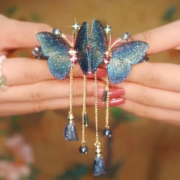 Haarspangen, Haarspangen, bestickt, Schmetterling, Strass, Clip im chinesischen Stil, blaue Quaste, Frühling, Damenkostüm, Hanfu, Kopfschmuck