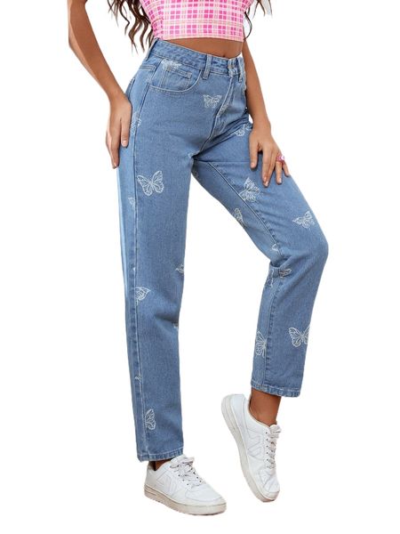 

high waist butterfly print mom jeans y2vm#, Blue