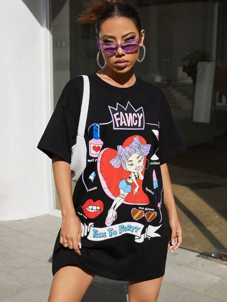 

figure & slogan graphic tee dress r56f#, Black;gray