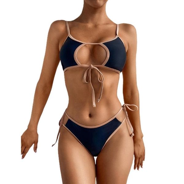Damen-Bademode, sexy 2-teiliges Bikini-Set für Damen, ausgehöhlt, Schlüsselloch-BH mit Schnürung vorne, Push-up-Badeanzug, seitlicher Tanga, kontrastfarbener Riemchenanzug