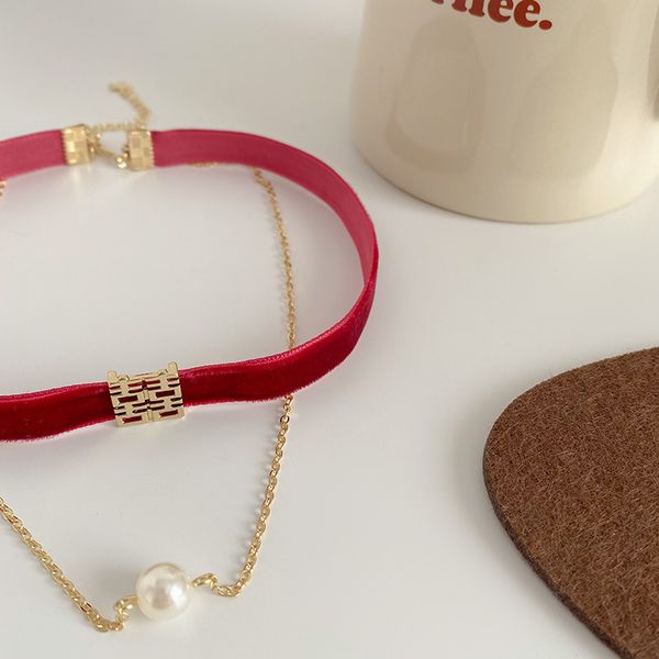 

national style double layered necklace velvet collar wine red happy word clavicle neck chain wedding jewelry, Silver