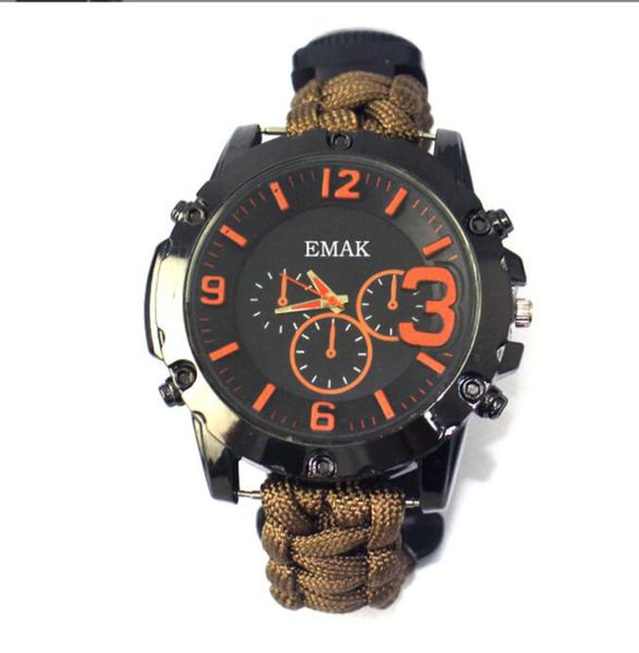 

em130 men's sport digital wristwatch outdoor multifunction emergency survive compass watches with braided paracord, Slivery;brown