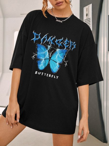 

butterfly & letter graphic drop shoulder tee b0qd#, White