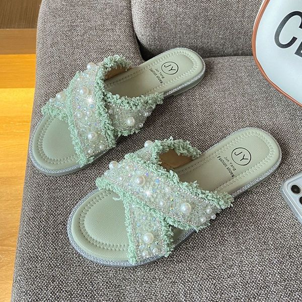 

fashion pearl slippers for women summer fashion flat casual outdoor rhinestones comfortable non-slip beach sandals, Black