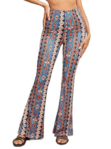 

floral and geo print flare leg pants w0d8#, Black;white