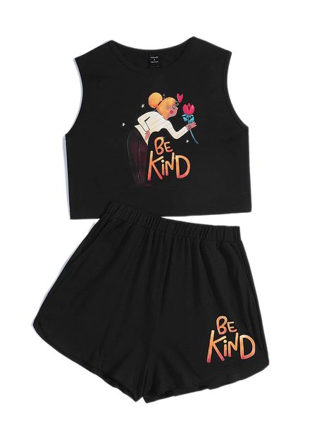 

x sonia greer art slogan & figure graphic tank & shorts c10b#, White