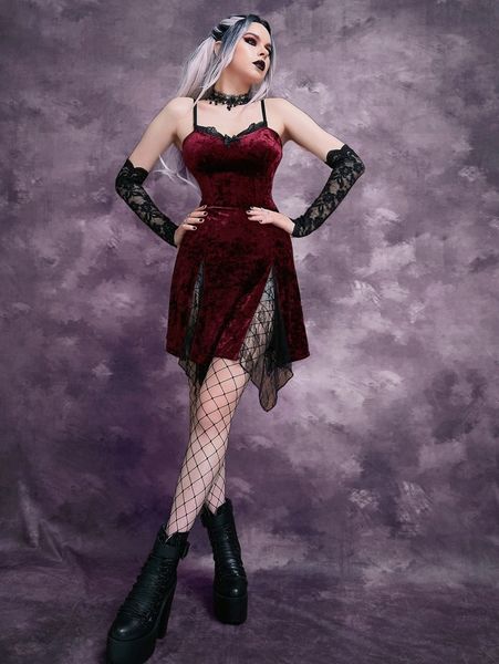 

lightweight contrast lace bow front asymmetrical hem velvet cami dress without gloves t72b#, Black;gray