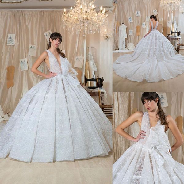 Elegante Ballkleid-Brautkleider, Applikationen, Pailletten, Perlen, V-Ausschnitt, ärmellos, rückenfrei, bodenlang, Schleppe, elegante hohe Taille mit Unterrock, Reif-Vintage-Stil