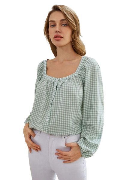 

gingham sweetheart neck tie back lantern sleeve blouse z7y0#, White