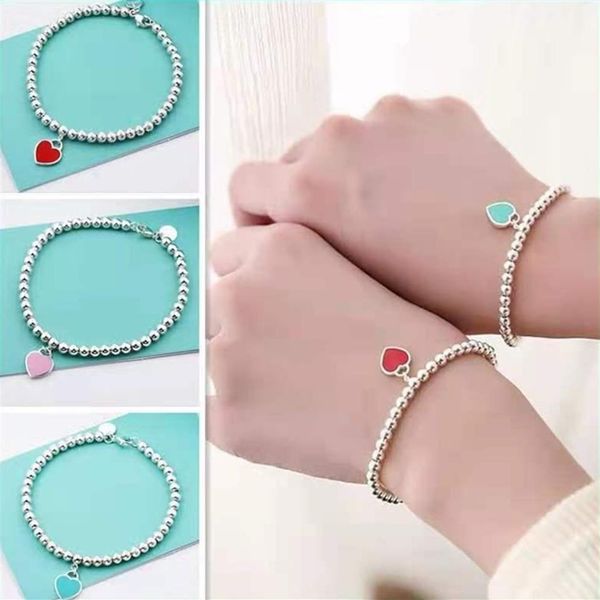 

luxury designer 925 sterling silver love heart bead charm bangle bracelet t style original fashion classic bangles for womens wris237l, Black