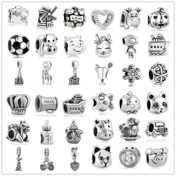 925 Sterling Silver Ciondola Charm colore argento 1pc borsa amore pumpkim calcio mulino a vento gatto auto pesce uccello Bead Fit Pandora Charms Bracciale Gioielli fai da te Accessori